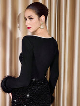 Vintage Elegant Party Bodysuit For Women, Skinny Fit, Long Sleeve, Fuzzy Cuff, Autumn/Winter